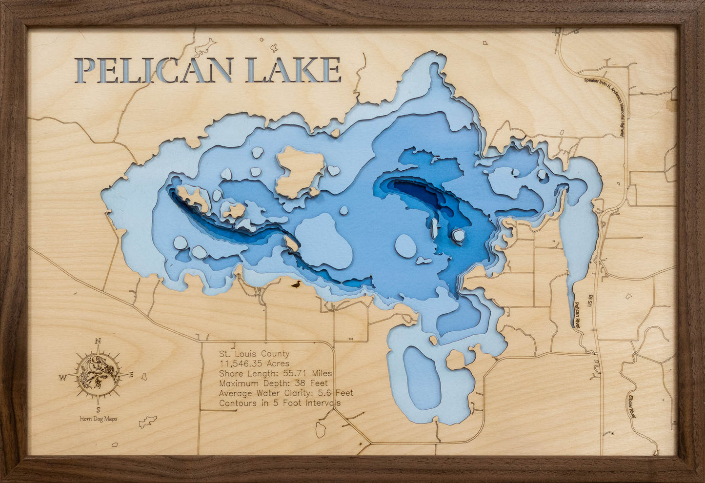 3D wooden lake map of Pelican Lake in St. Louis County, MN, showcasing detailed depth layers and contours.