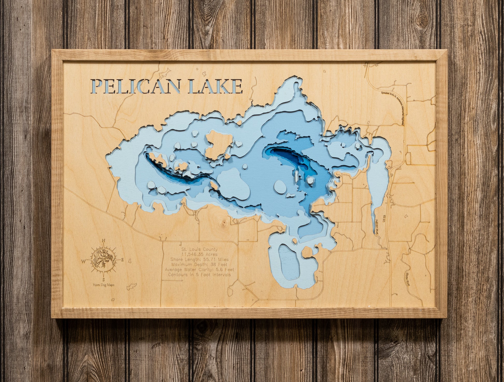 3D wooden lake map of Pelican Lake in St. Louis County, MN, showcasing detailed depth layers and contours.