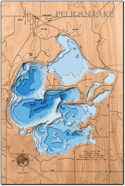 Handcrafted 3D wood map of Pelican Lake in Grant County, MN, ideal for lake enthusiasts.