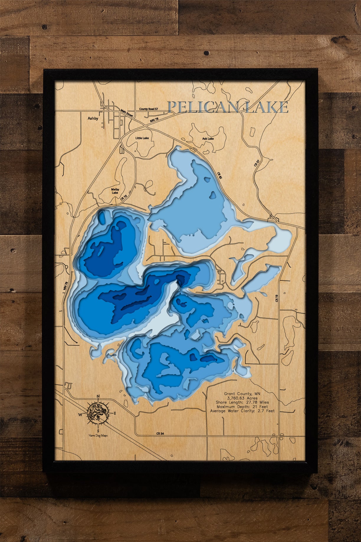 Handcrafted 3D wood map of Pelican Lake in Grant County, MN, ideal for lake enthusiasts.
