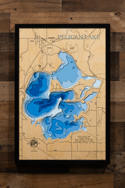 Handcrafted 3D wood map of Pelican Lake in Grant County, MN, ideal for lake enthusiasts.
