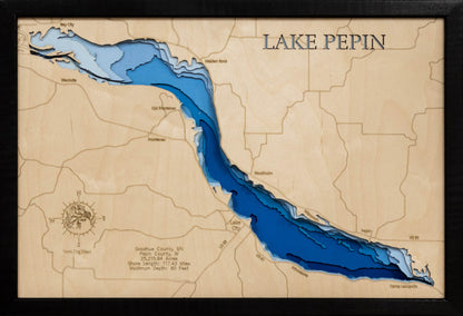 Laser-engraved relief map of 3D Wooden Lake Map of Lake Pepin in Goodhue County, Minnesota, crafted from wood with high precision.