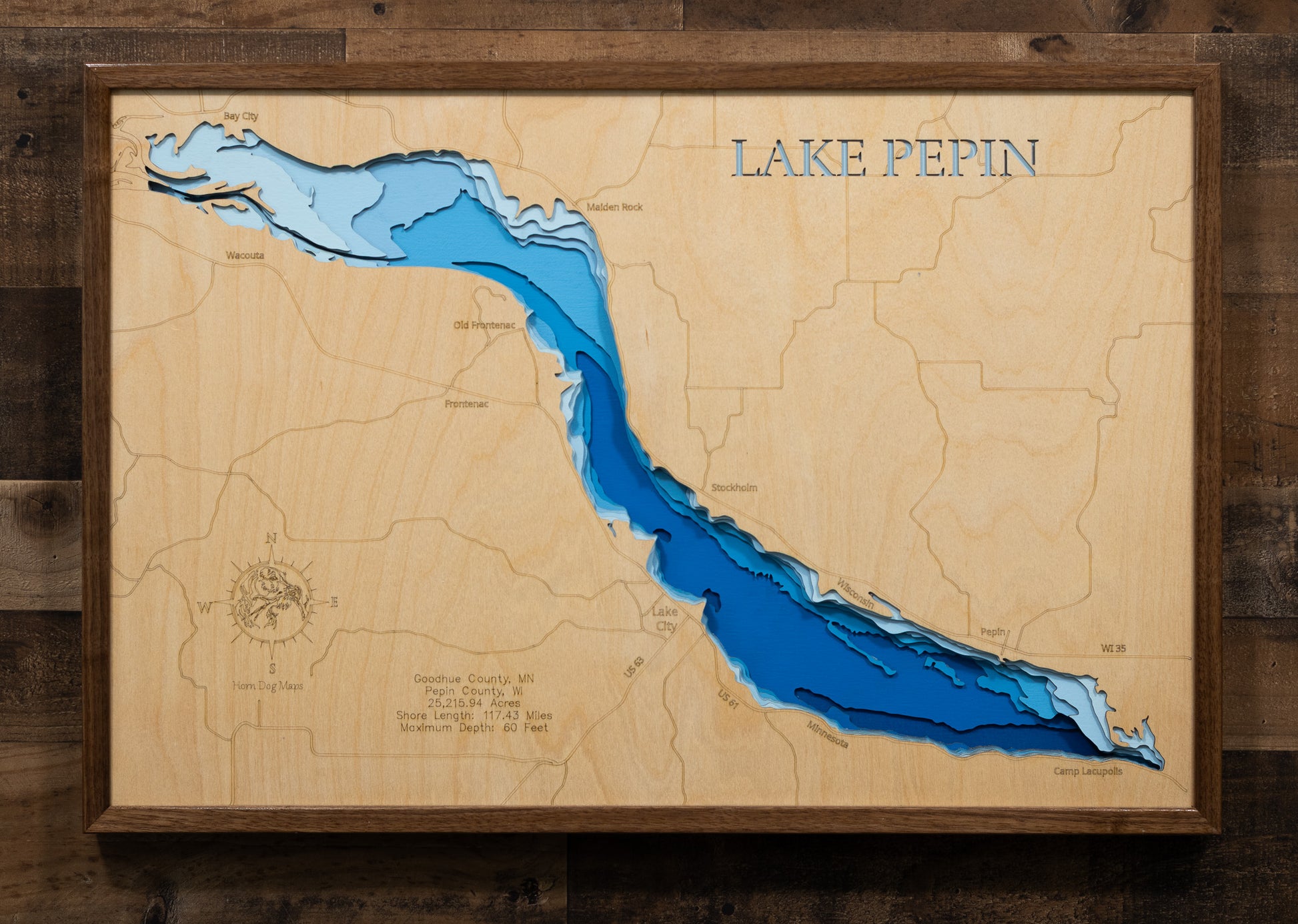 Laser-engraved relief map of 3D Wooden Lake Map of Lake Pepin in Goodhue County, Minnesota, crafted from wood with high precision.