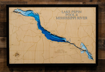Laser-engraved relief map of 3D Wooden Lake Map of Lake Pepin in Goodhue County, Minnesota, crafted from wood with high precision.