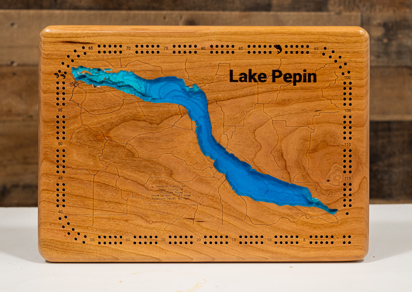 Laser-engraved relief map of 3D Wooden Lake Map of Lake Pepin in Goodhue County, Minnesota, crafted from wood with high precision.