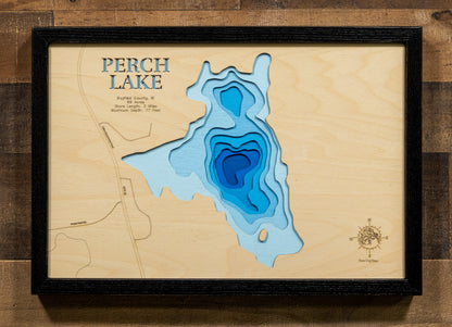 A meticulously detailed, laser-cut, multi-layered wooden topographical map of Perch Lake in Bayfield County, Wisconsin, showcasing the 69-acre lake depth. 