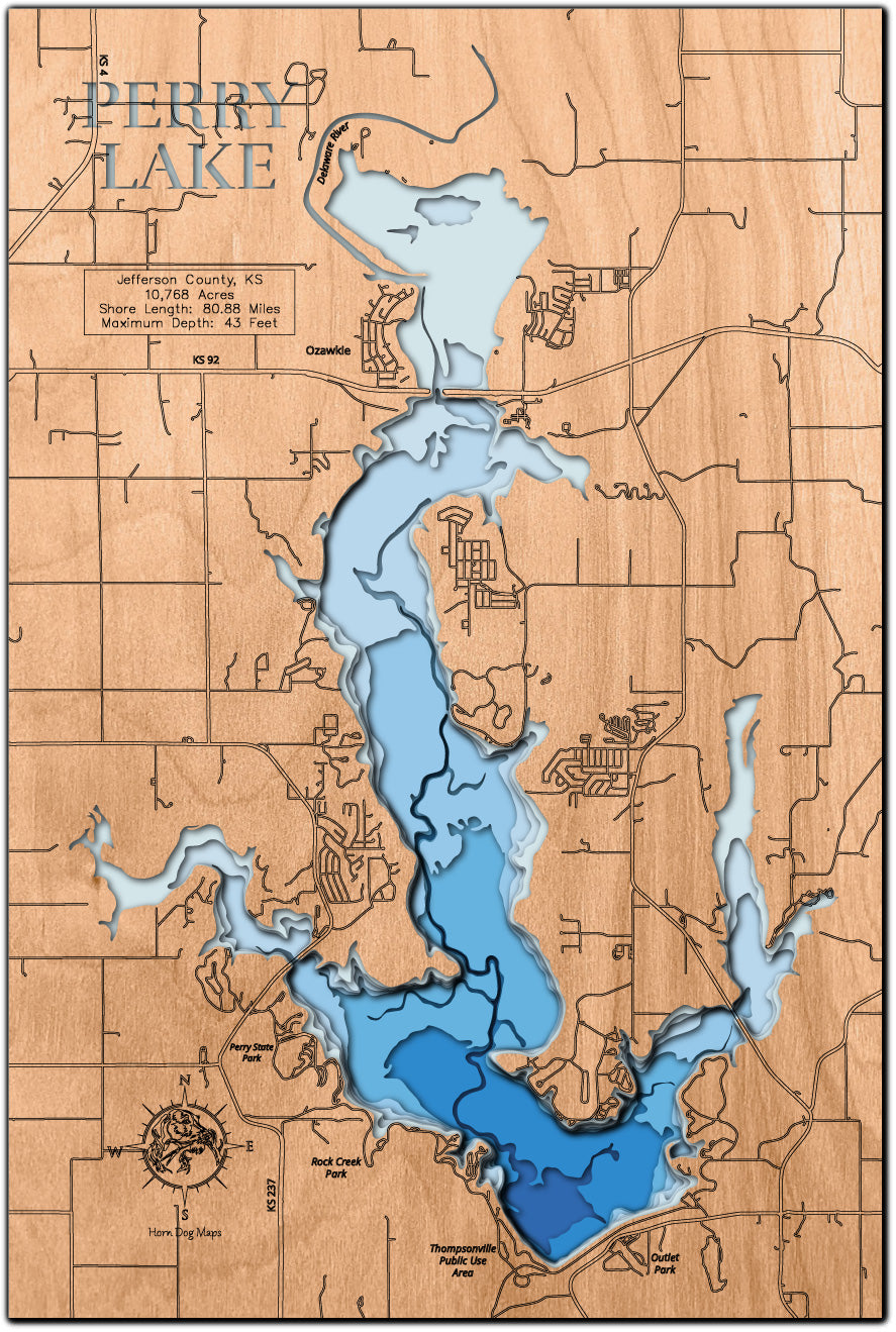 Laser-engraved relief map of Perry Lake in Jefferson County, KS, crafted from wood with high precision.