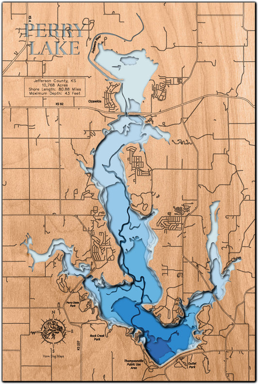 Laser-engraved relief map of Perry Lake in Jefferson County, KS, crafted from wood with high precision.