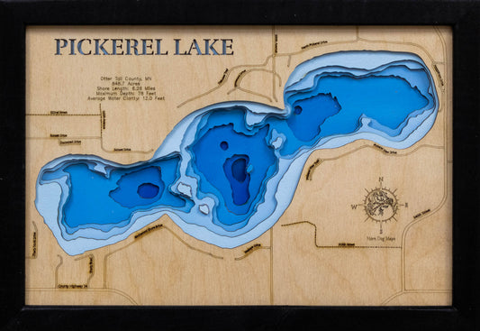 Decorative 3D wooden lake map of 3d Depth Map of Pickerel Lake in Otter Tail County, MN, crafted with care.