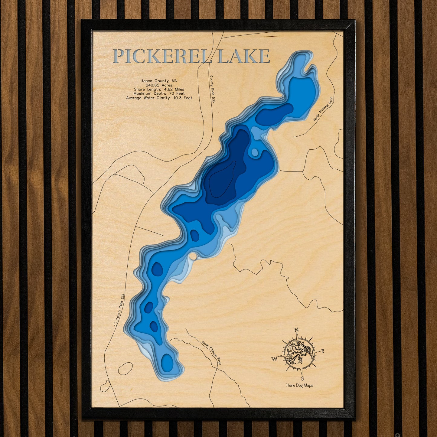 Pickerel Lake in Itasca County, MN 3D depth map, laser cut from high-quality wood.