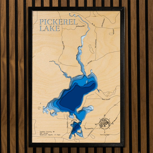 High-definition wooden relief map of Pickerel Lake in Oneida County, WI, handmade for durability.