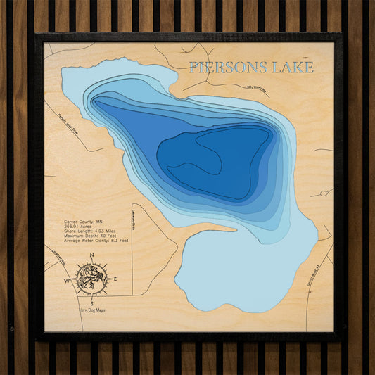 High-definition wooden relief map of Piersons Lake in Carver County, MN, handmade for durability.