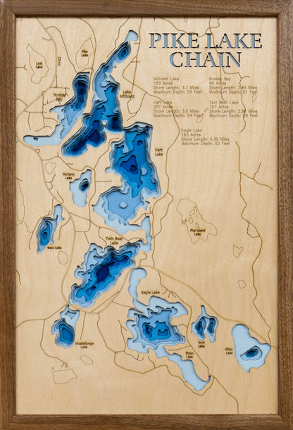 Precision-cut wooden map of Pike Lake Chain in Bayfield County, WI, perfect for unique decor.