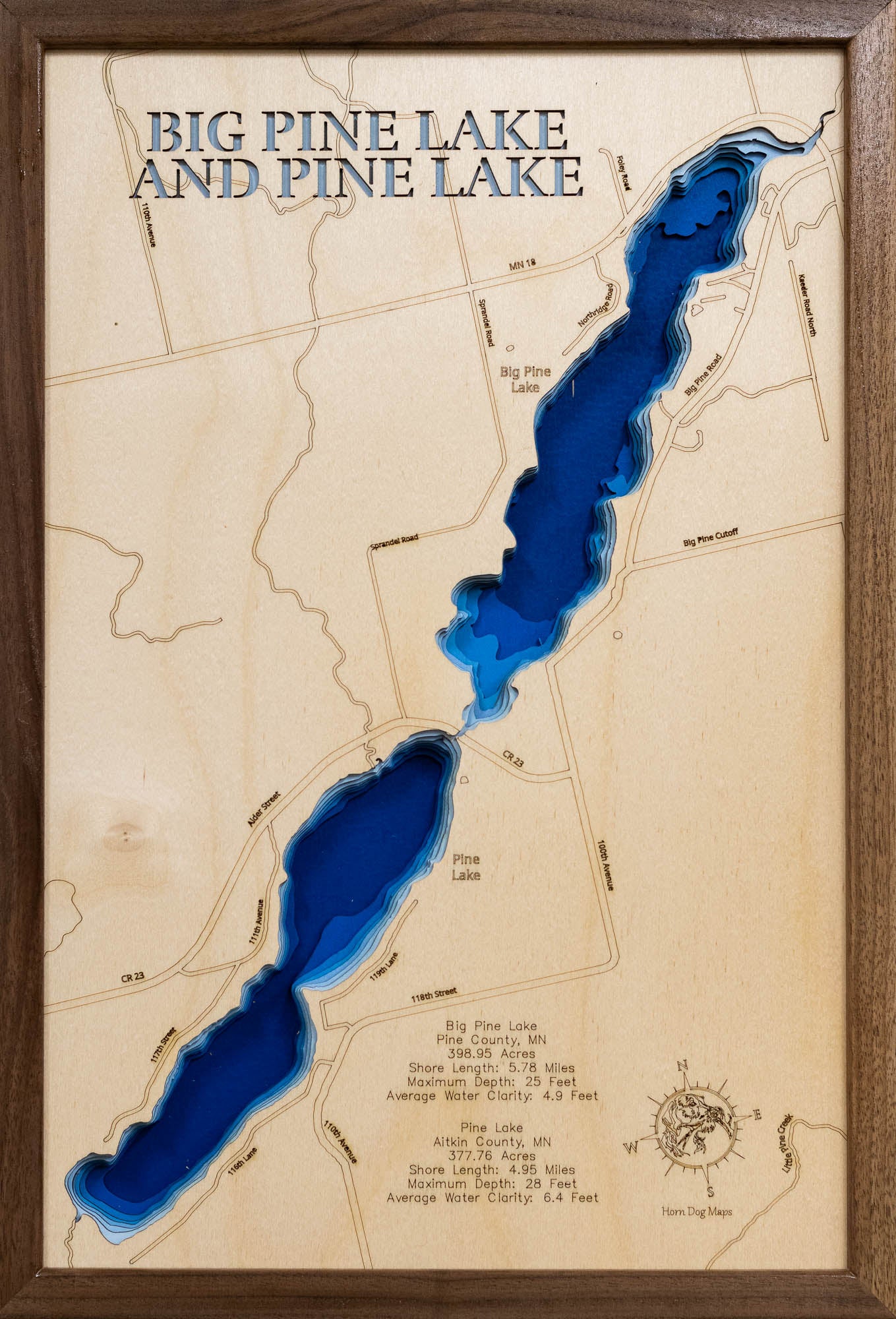 Big Pine Lake Pine County and Pine Lake in Aitkin County, MN custom 3D wood map, perfect for home decor and gifts.