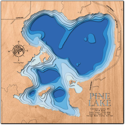 Detailed wooden relief map of Pine Lake in Clearwater County, MN, showcasing its natural beauty.