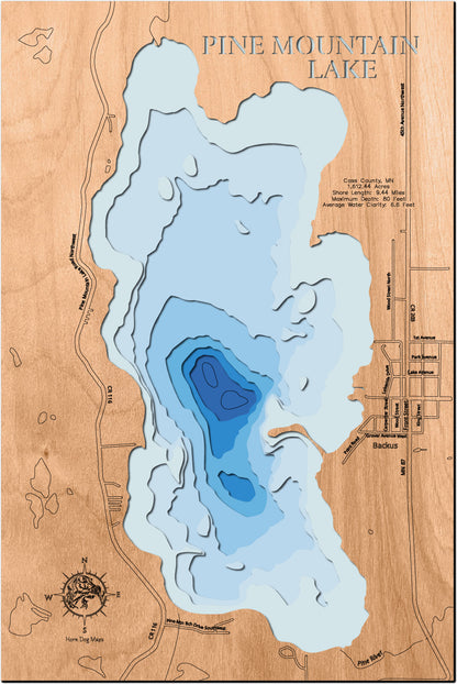 High-definition wooden relief map of Pine Mountain Lake in Cass County, MN, handmade for durability.