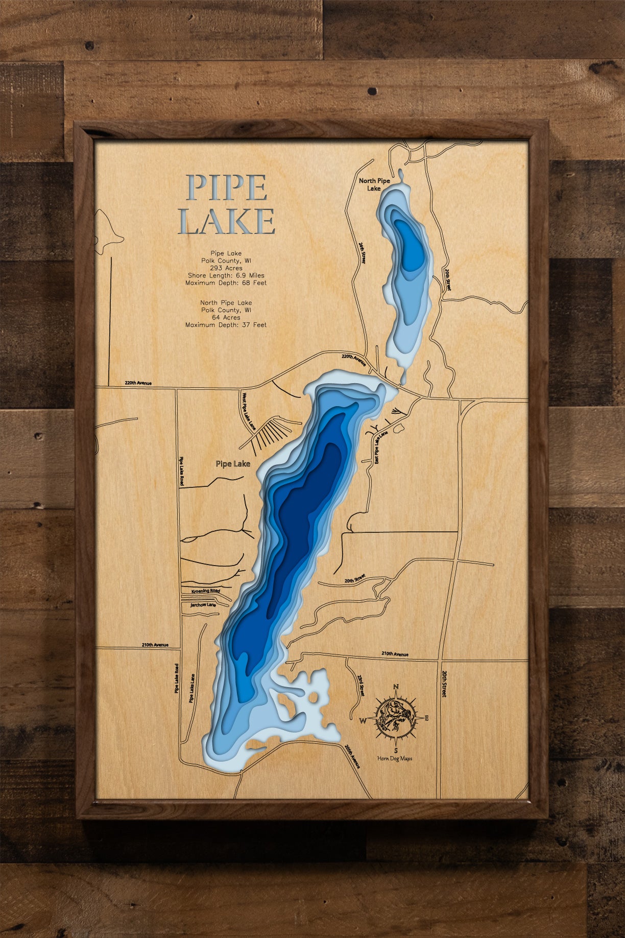 Pipe Lake in Polk County, WI custom 3D wood map, perfect for home decor and gifts.