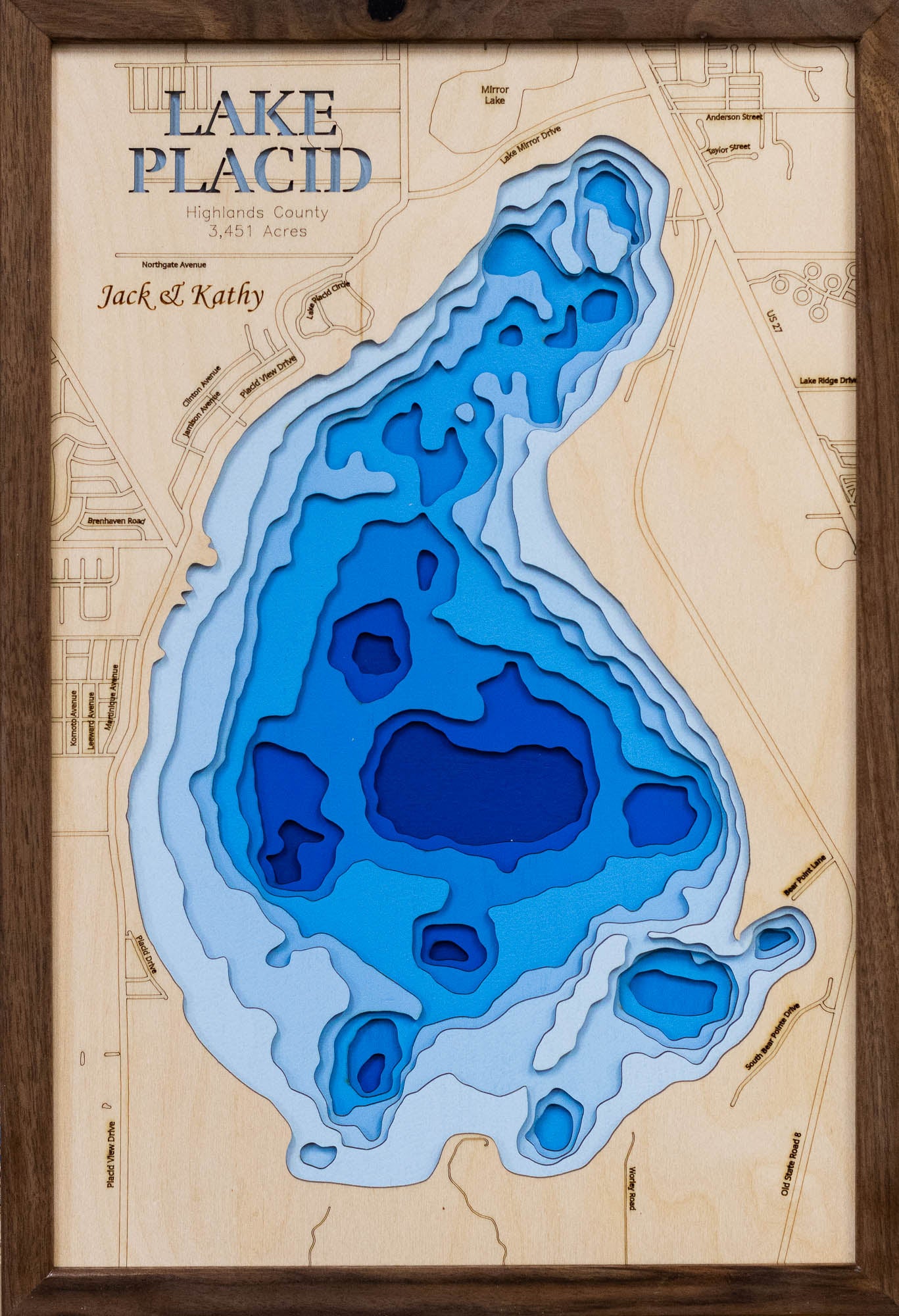 Handcrafted 3D wood map of 3d Lake Map of Lake Placid in Highlands County, FL, ideal for lake enthusiasts.