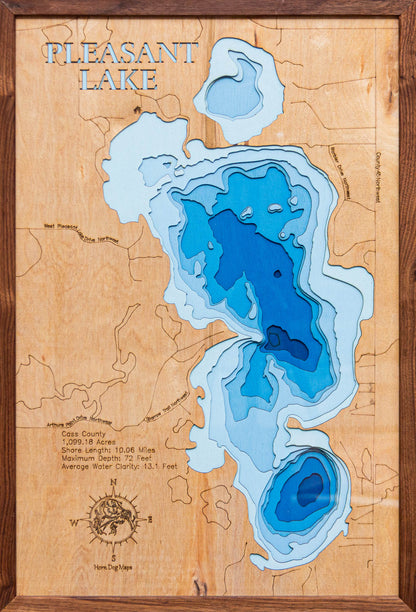 Precision-cut wooden map of Pleasant Lake in Cass  County, Minnesota, perfect for unique decor.