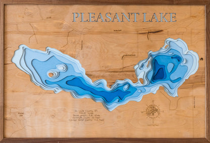 Decorative 3D wooden lake map of Pleasant Lake in St. Louis County, MN, crafted with care.