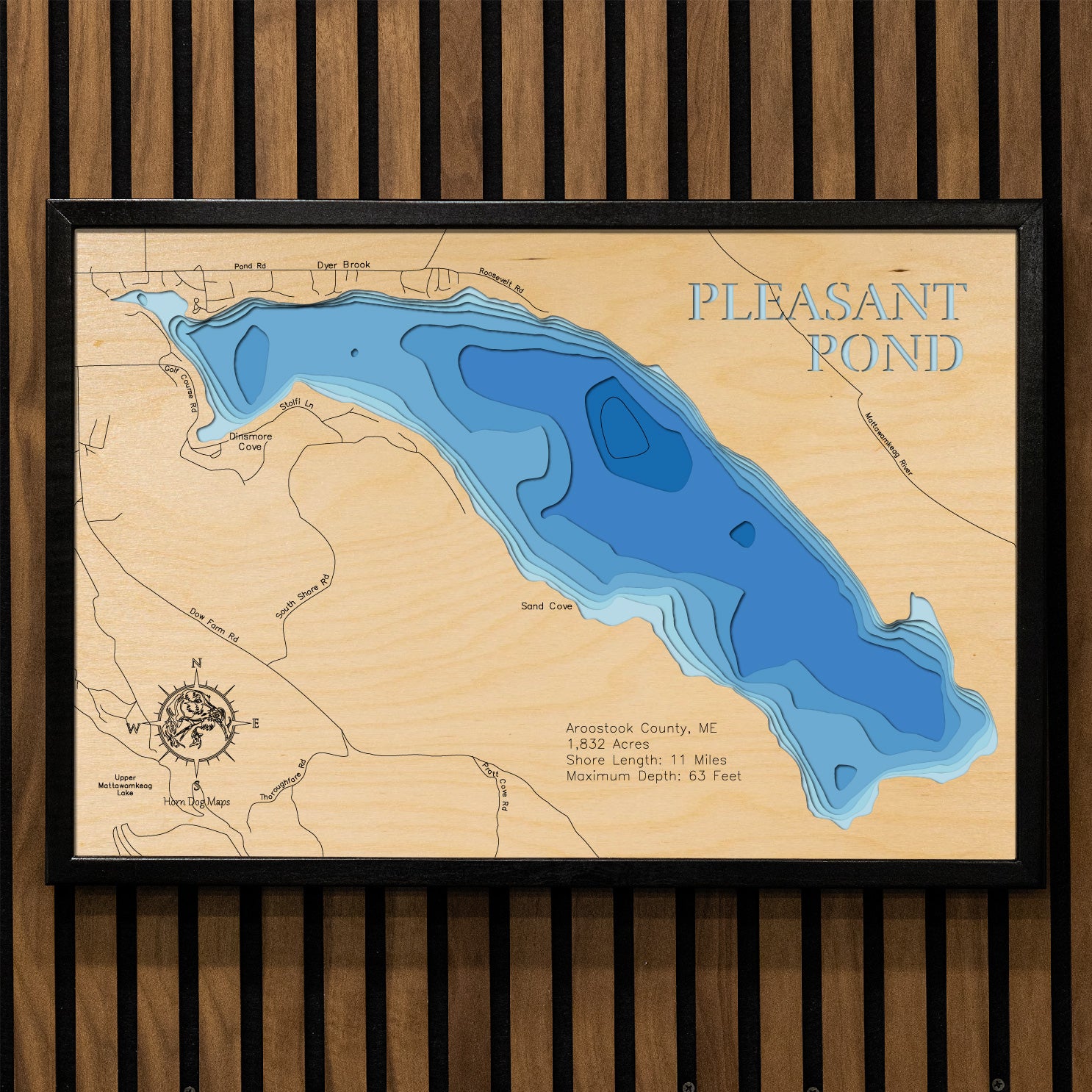 Unique wooden lake map of Pleasant (Aroostook)Pleasant Pond in Aroostook County, ME, featuring intricate depth details.