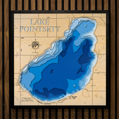 Laser-engraved relief map of Poinsett (Brookings, Hamlin)Lake Poinsett in Brookings and Hamlin County, SD, crafted from wood with high precision.