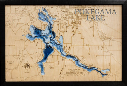 High-definition wooden relief map of Pokegama Lake in Itasca County, MN, handmade for durability.