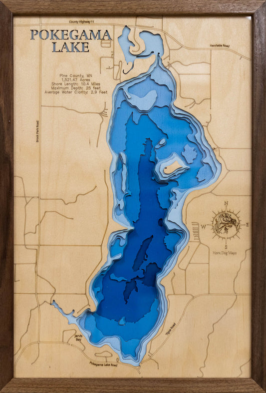 Unique wooden lake map of Pokegama Lake in Pine County, MN, featuring intricate depth details.