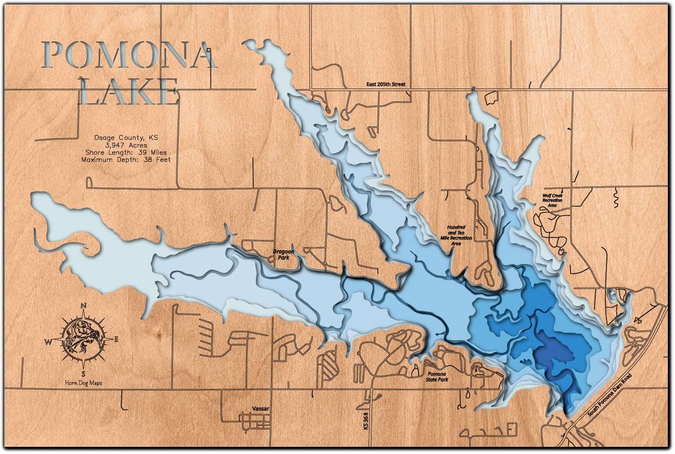 Decorative 3D wooden lake map of Pomona Lake in Osage County, KS, crafted with care.