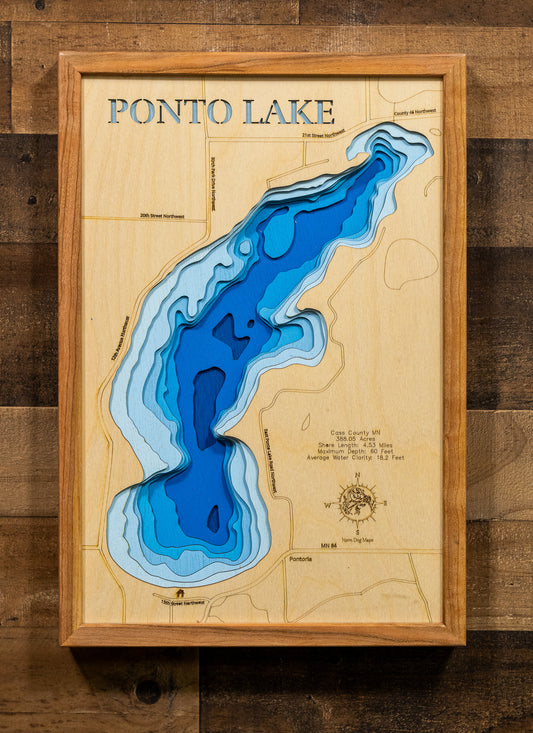 Artisanally carved wooden lake map of Ponto Lake in Cass County, MN, highlighting bathymetry.