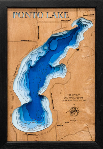 Artisanally carved wooden lake map of Ponto Lake in Cass County, MN, highlighting bathymetry.