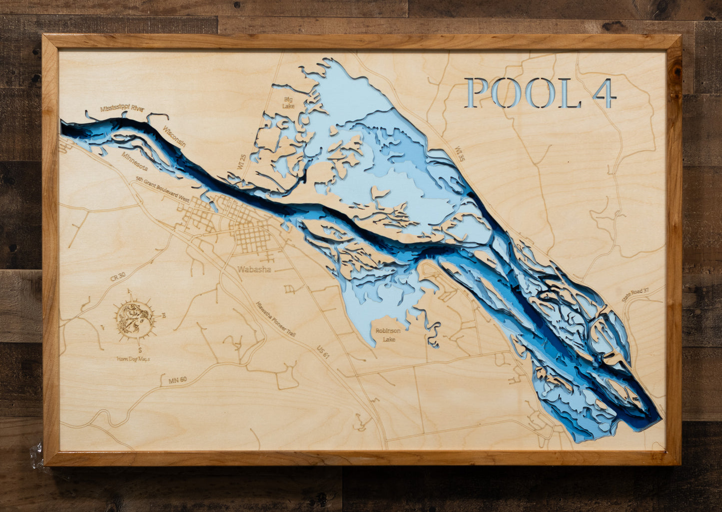 Custom wooden map of Pool 4 of the Mississippi River in Wabasha County, MN and Buffalo County, WI with layered depth highlights.