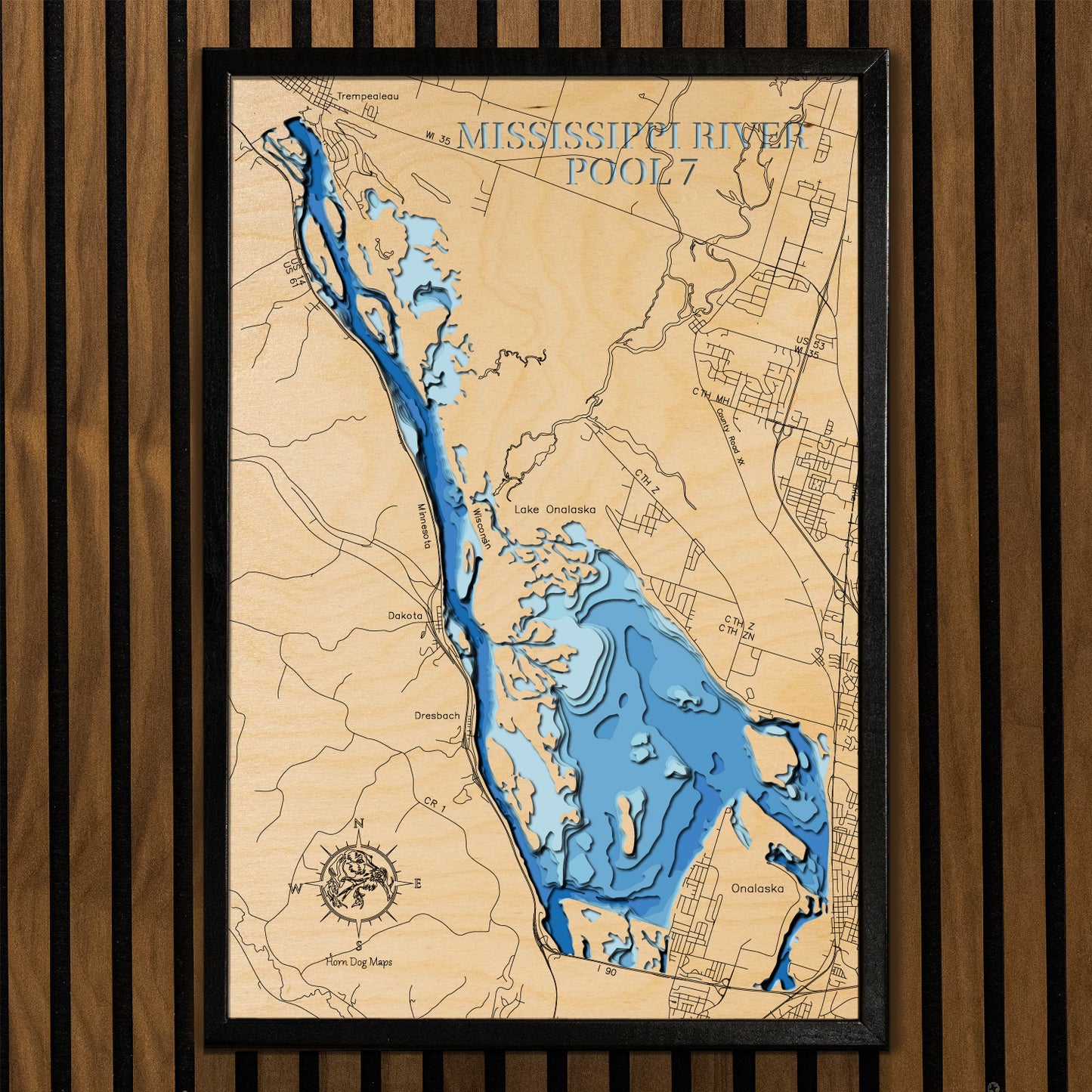 Precision-cut wooden map of Mississippi River - Pool 7 in Minnesota and Wisconsin, perfect for unique decor.