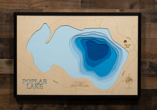A beautifully crafted, multi-layered wooden topographic map of Poplar Lake in Polk County, Wisconsin. The laser-cut design reveals the lake's 117-acre footprint with depth contours descending to the 34-foot maximum depth, the distinct muck and sand bottom composition zones, and the peaceful shoreline setting in northwest Wisconsin's St. Croix Valley region.