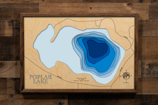 A beautifully crafted, multi-layered wooden topographic map of Poplar Lake in Polk County, Wisconsin. The laser-cut design reveals the lake's 117-acre footprint with depth contours descending to the 34-foot maximum depth, the distinct muck and sand bottom composition zones, and the peaceful shoreline setting in northwest Wisconsin's St. Croix Valley region.