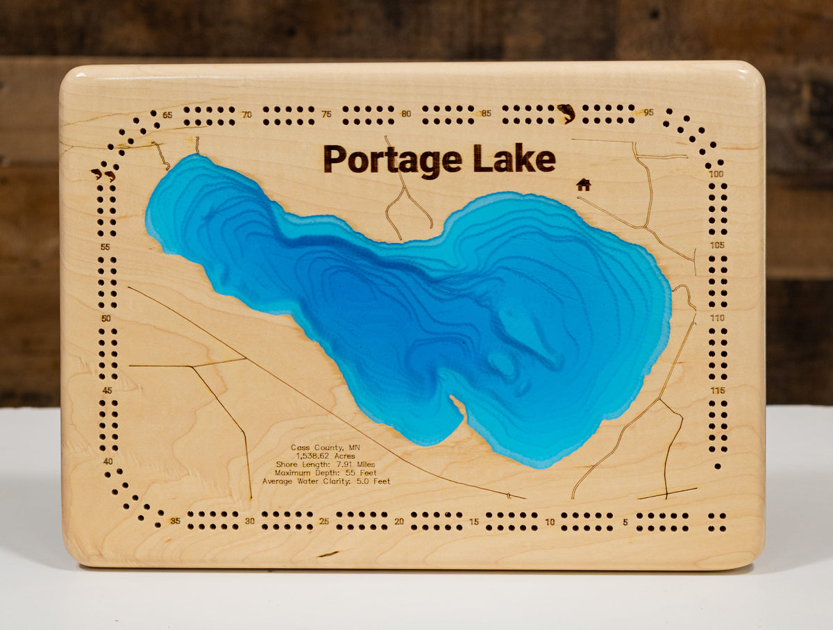 High-definition wooden relief map of Portage Lake in Cass County, MN, Near Bena, handmade for durability.