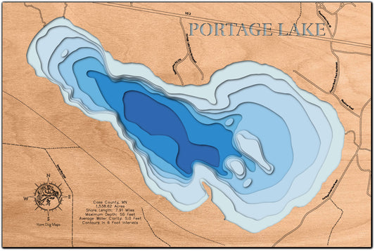 High-definition wooden relief map of Portage Lake in Cass County, MN, Near Bena, handmade for durability.
