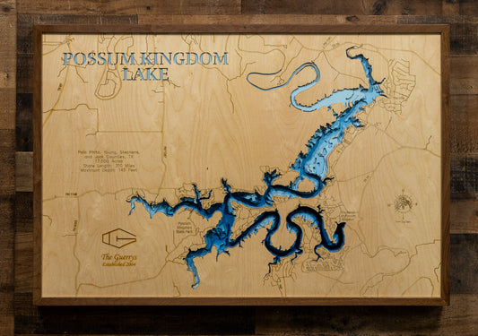 An exquisitely detailed, multi-layered laser-cut wooden topographic map of Possum Kingdom Lake winding through the Palo Pinto Mountains across four Texas counties, featuring depth contours illustrating the dramatic 145-foot maximum depth, the serpentine 310-mile shoreline carved through limestone canyons, the iconic Hell's Gate formation with its towering cliffs, Morris Sheppard Dam at the southern terminus, and the 65-mile stretch of pristine blue water following the ancient Brazos River channel.