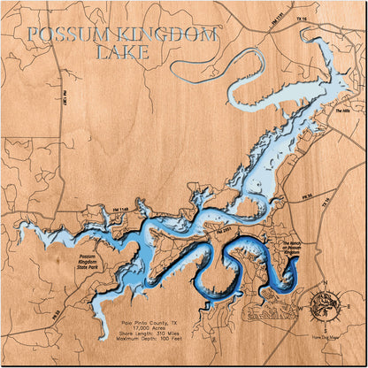 Handcrafted 3D wood map of Possum Kingdom Lake in Palo Pinto County, TX, ideal for lake enthusiasts.