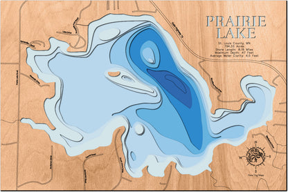 Precision-cut wooden map of Prairie Lake in St. Louis County, MN, perfect for unique decor.