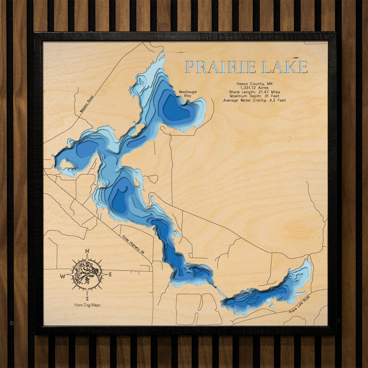 3D wooden lake map of Prairie Lake in Itasca County, MN, showcasing detailed depth layers and contours.