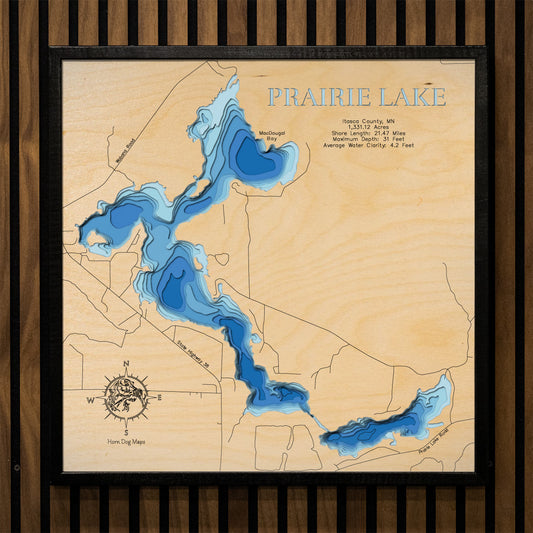 3D wooden lake map of Prairie Lake in Itasca County, MN, showcasing detailed depth layers and contours.