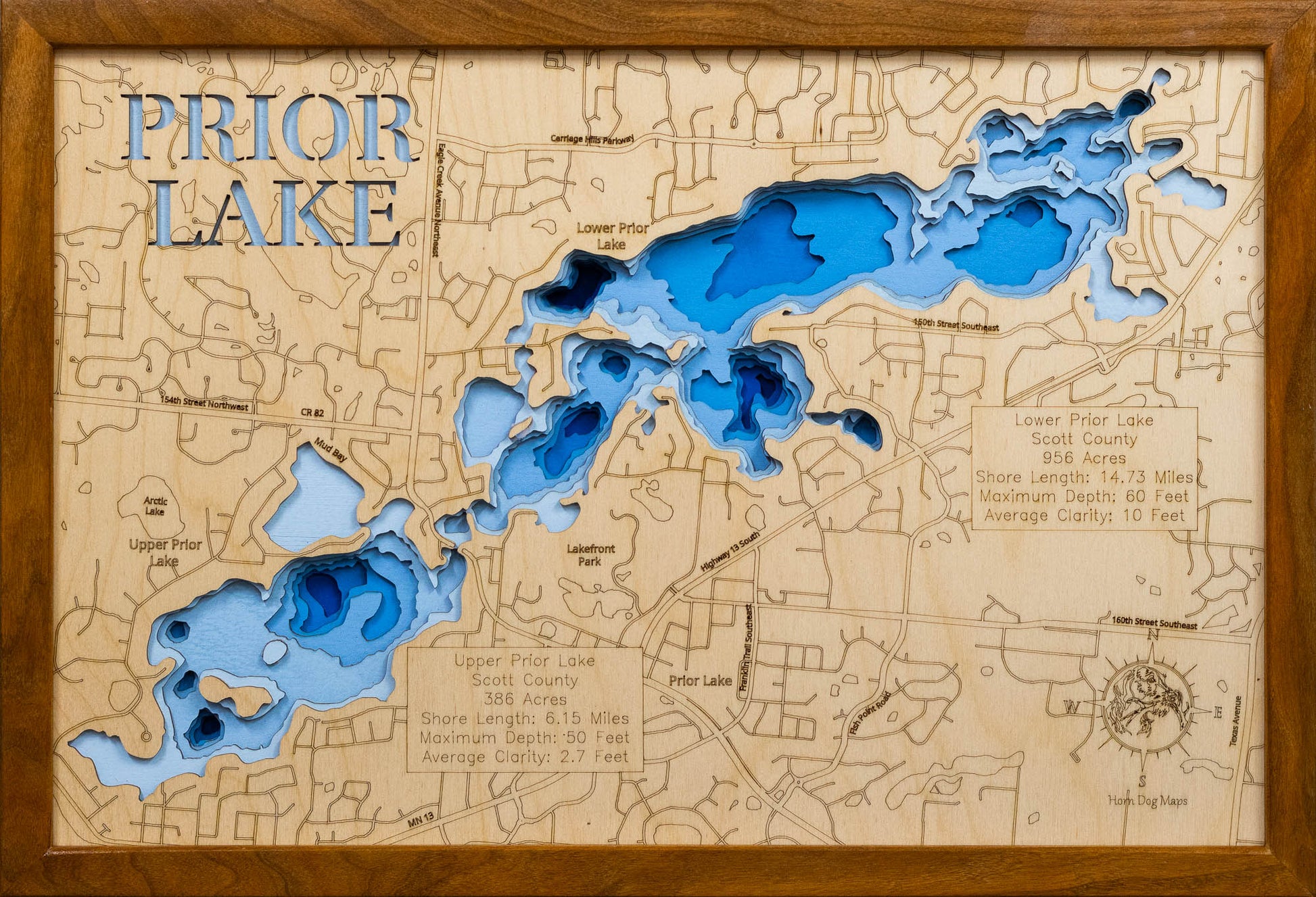 Precision-cut wooden map of Prior Lake in Scott County, MN, perfect for unique decor.