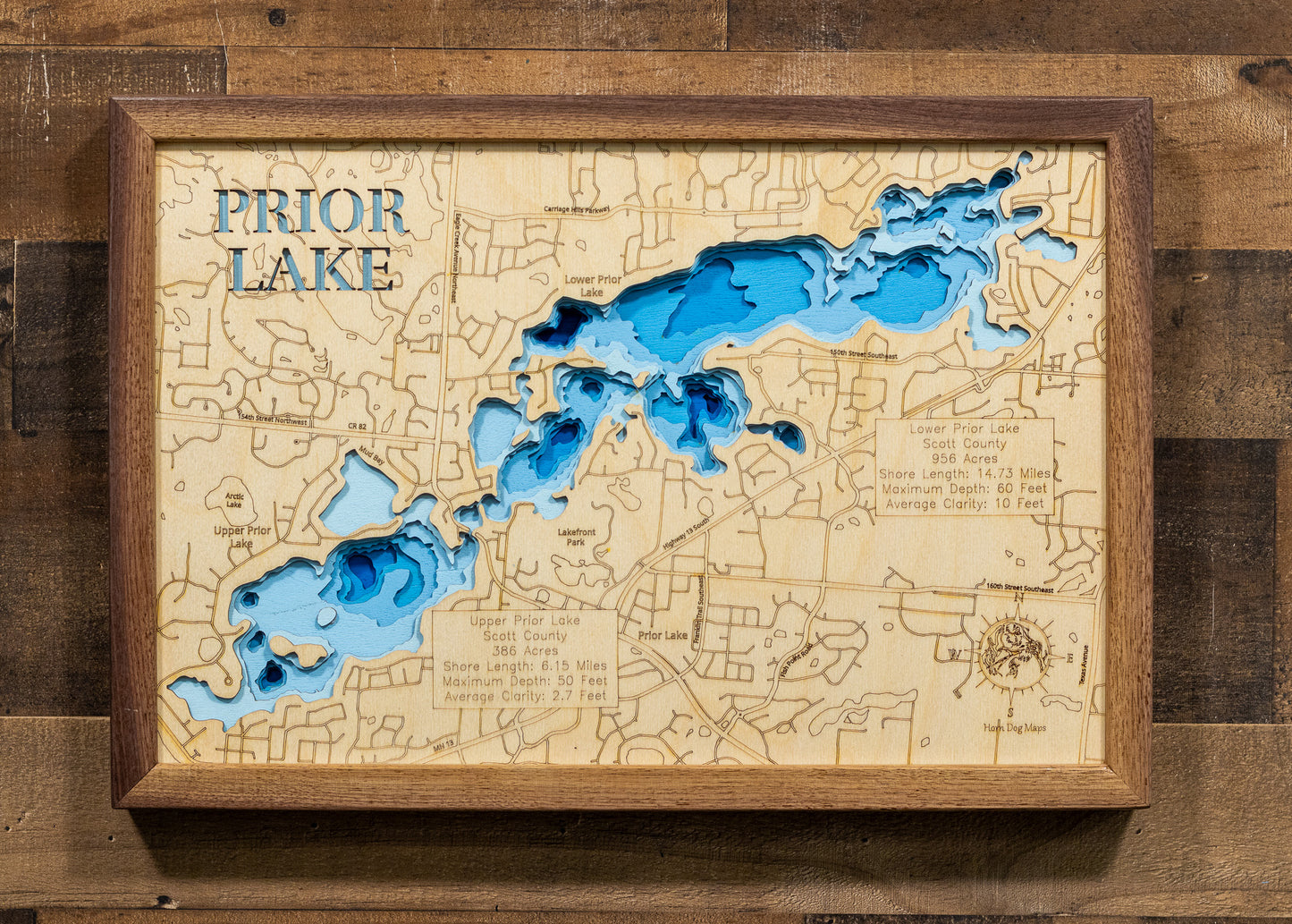 Precision-cut wooden map of Prior Lake in Scott County, MN, perfect for unique decor.