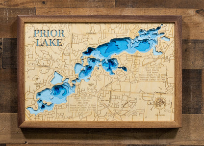 Precision-cut wooden map of Prior Lake in Scott County, MN, perfect for unique decor.