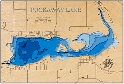 Unique wooden lake map of Puckaway Lake in Marquette County, WI, featuring intricate depth details.