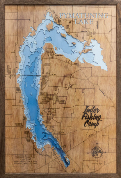 Laser-engraved relief map of Pymatuning Reservoir in Crawford County, PA and Ashtabula County, OH, crafted from wood with high precision.