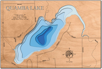 Handcrafted 3D wood map of Quamba Lake in Kanabec County, MN, ideal for lake enthusiasts.