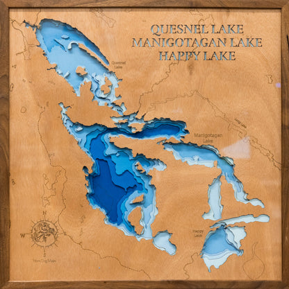 Precision-cut wooden map of Quesnel Lake, Manigotagan Lake, and Happy Lake in Manitoba, CA, perfect for unique decor.