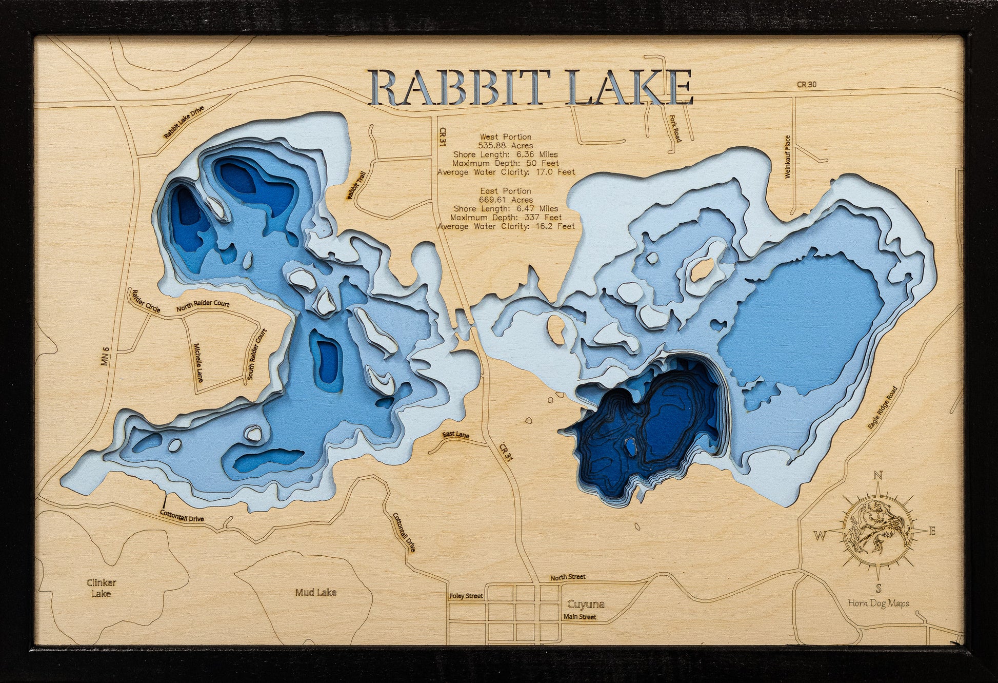 Unique wooden lake map of Rabbit Lake in Crow Wing County, MN, featuring intricate depth details.